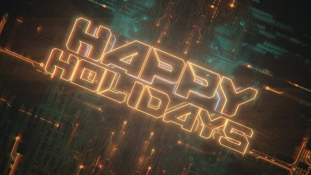 Happy Holidays on motherboard with neon light, motion abstract futuristic, cyberpunk and holidays style background