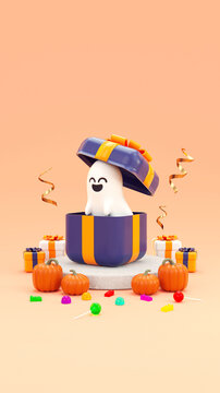Halloween vertical social media post, story or greeting card background template with gifts, cute ghost, party stuff and copy space in 3D illustration
