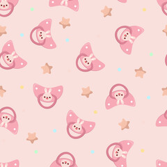Seamless children's pattern on a pink background. A dummy with a rabbit. Pacifier for children