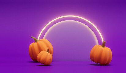 Halloween pumpkins with a neon glowing light against a purple background. 3D Rendering