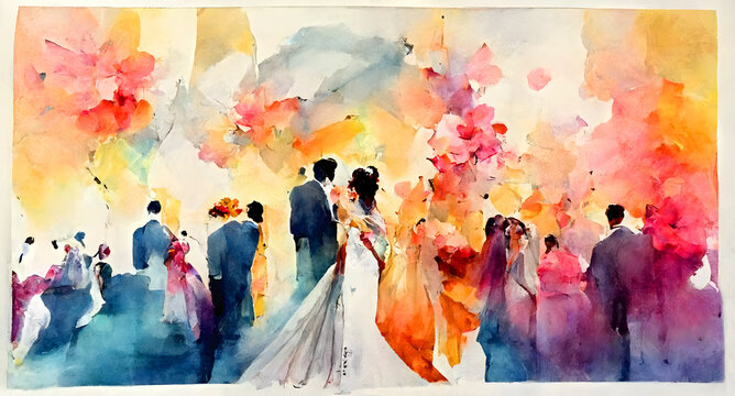 Abstrakte Hochzeit Aquarell Design Illustration mit einer Braut und Bräutigam