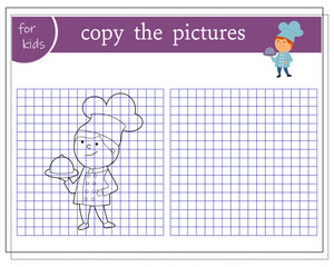 Copy the picture, educational games for kids, cute cartoon chef. vector isolated on a white background.