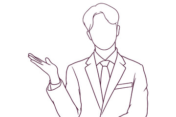 young businessman raise his palm hand drawn style vector illustration