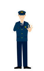 若い男性警官のポーズ、笛を吹いて制止する
