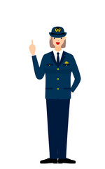 若い女性警官のポーズ、指さし