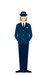 若い女性警官のポーズ、後ろ手を組んで立っている