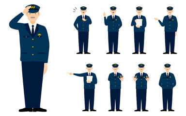 シニア男性警官のポーズセット9点、敬礼や制止、取り締まりなど