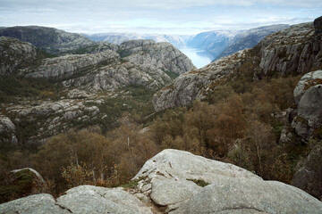 Lysefjord aerial panoramic view from the Preikestolen cliff near Stavanger. Preikestolen or Pulpit Rock is a famous tourist attraction in Norway.