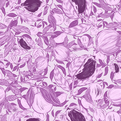 Fototapeta na wymiar Creative seamless pattern with fruits: lemons, oranges, grapes and pomegranates. Oil paint effect. Bright summer print. Great design for any purposes 
