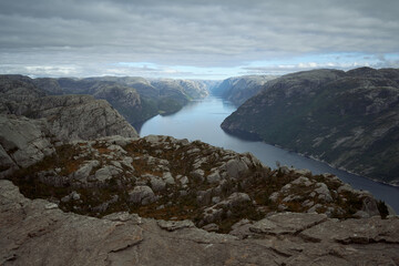 Lysefjord aerial panoramic view from the Preikestolen cliff near Stavanger. Preikestolen or Pulpit Rock is a famous tourist attraction in Norway.