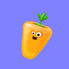Fototapeta na wymiar Cute smiling carrot isolated on violet background. Funky Emoji carrot. Smile vegetable sticker with emotions.