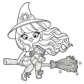 Cute cartoon long haired girl in Halloween witch dress with spells book flies on a broomstick outlined for coloring page on white background