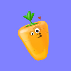 Cute smiling carrot isolated on violet background. Funky Emoji carrot. Smile vegetable sticker with emotions.