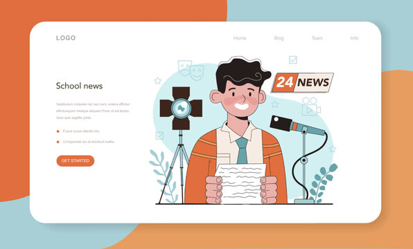 School news web banner or landing page set. Student presenting news