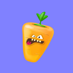 Cute smiling carrot isolated on violet background. Funky Emoji carrot. Smile vegetable sticker with emotions.