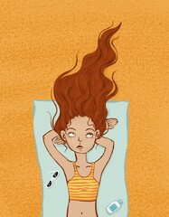 girl on the beach in summer illustration 