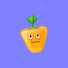 Cute smiling carrot isolated on violet background. Funky Emoji carrot. Smile vegetable sticker with emotions.