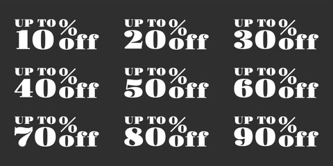 Sale icon set. 10, 20, 30, 40, 50, 60, 70, 80, 90 percent price off. Discount tag, label or sign. Promotion sticker design. Business, advertising, marketing badge. Vector illustration.