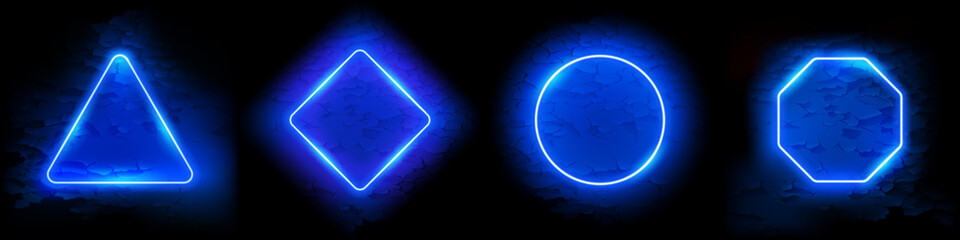 Blue Neon Frames Set on Grunge Background