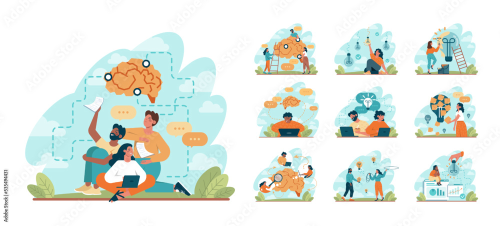Poster brainstorm concept set. new idea or problem solution generation