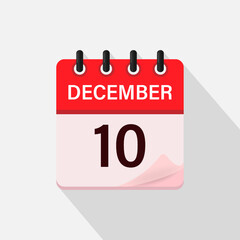 December 10, Calendar icon with shadow. Day, month. Flat vector illustration.