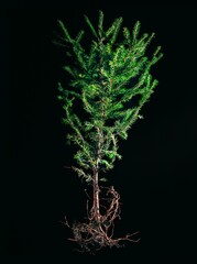 Isolated shot of an uprooted young fir tree on a black background