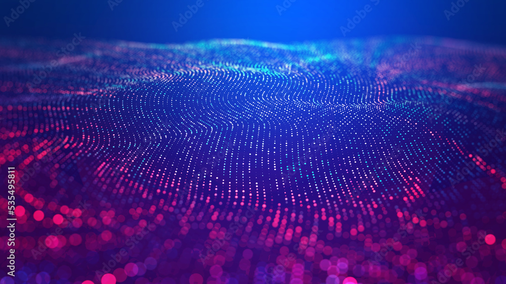 Poster Neural data field 3D illustration. Cyber network data particles