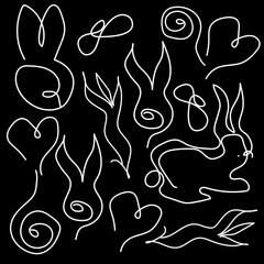 Freehand drawing in one line. Rabbits and other elements with a white line on a black background. Decoration, textiles, background