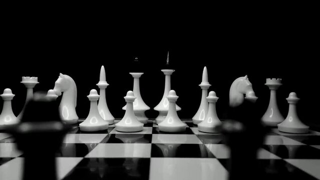Cinematic tracking shot of a chess set on black background - concept of business and competition