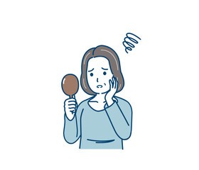 白髪を気にする中年の女性　悩む　加齢　老化　髪の毛　イラスト