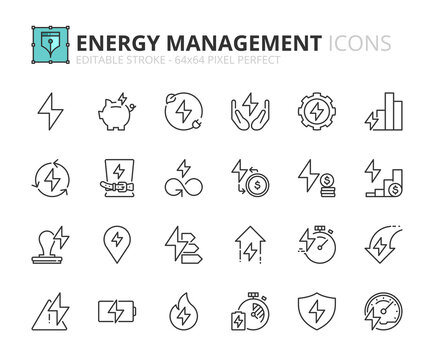 Simple set of outline icons about energy management. Sustainable development