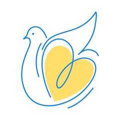 Dove symbol of peace with a heart in the colors of the Ukrainian flag. Linear image. Vector isolated on white background