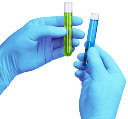 Chemist hands with blue gloves holding test tubes isolated