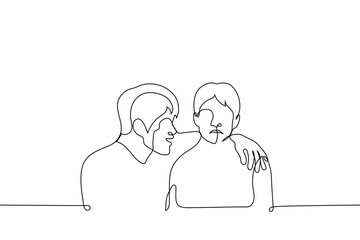 man smiles and hugs sad friend - one line drawing vector. concept of comforting cheer up upset friend