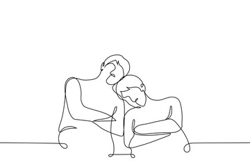 two men fell asleep sitting next to each other with their heads down on top of each other - one line drawing vector. concept long wait, boring event, students fell asleep at the lecture, waiting room