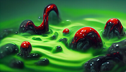 Frames of liquid green slime poison goo red. Creating a monster in a cauldron.