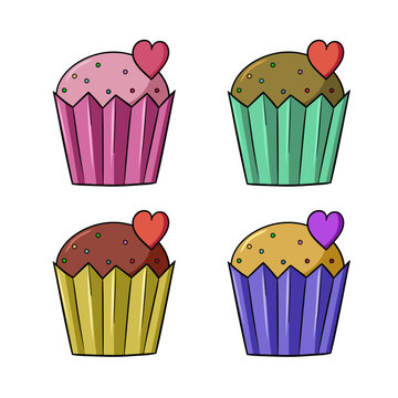 A set of colored icons, a delicious cupcake with powdered sugar and a heart in a paper cup, vector cartoon