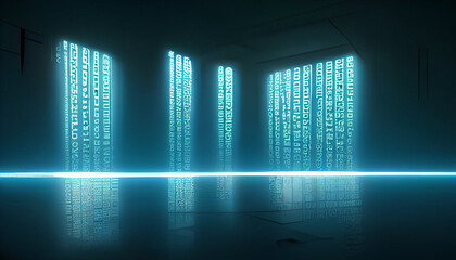 Illustration of binary code, cyber reality room. Digital stream background. 