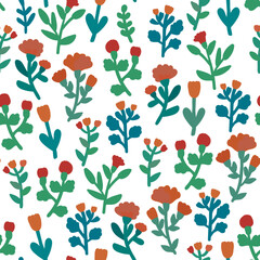Naive floral seamless pattern with simple red flowers and grasses on lwhite background. Minimalistic floral design for wallpaper,design paper or bedding.