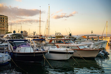 Motor boats and yachts moored in Naples, Italy.