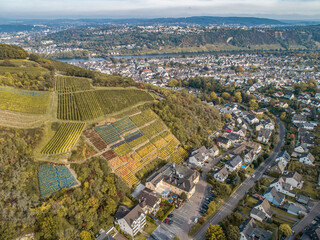 Aerial view Famous German Wine Region Moselle River Lay and Guels village Autumn Fall colors