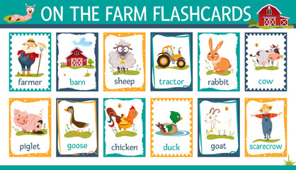 Vector printable flashcards set with cartoon farm animals. Kids collection for learning english words with barn, tractor, farmer and scarecrow. Rural countryside flash cards with piglet, sheep, rabbit