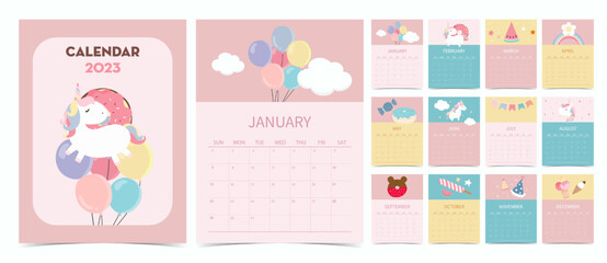Fototapeta na wymiar Cute calendar 2023 with unicorn,balloon and rainbow