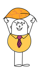 Hand drawn Cartoon Man holding a big orange Autumn leaf above his head.
