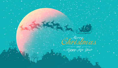 merry Christmas card, santa claus and rudolph reindeer  Happy new year, mint background with moon © pil