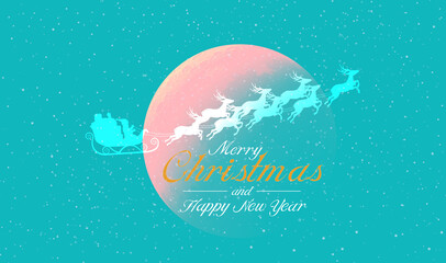 merry Christmas card, santa claus and rudolph reindeer Happy new year, mint background across the moon