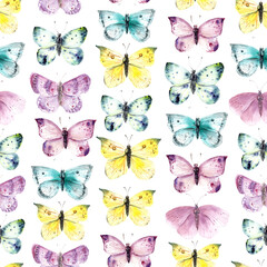 Fototapeta na wymiar Hand drawn watercolor butterflies seamless pattern