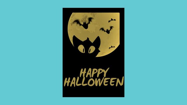 Happy Halloween with cat and fly bats in night, motion holidays, horror and Halloween style background