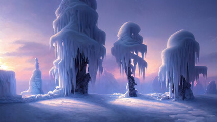 Winter landscape with neon sunset. Large blocks of ice, frozen trees. Fantasy winter snowy landscape. Frozen nature. 