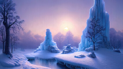 Winter landscape with neon sunset. Large blocks of ice, frozen trees. Fantasy winter snowy landscape. Frozen nature.